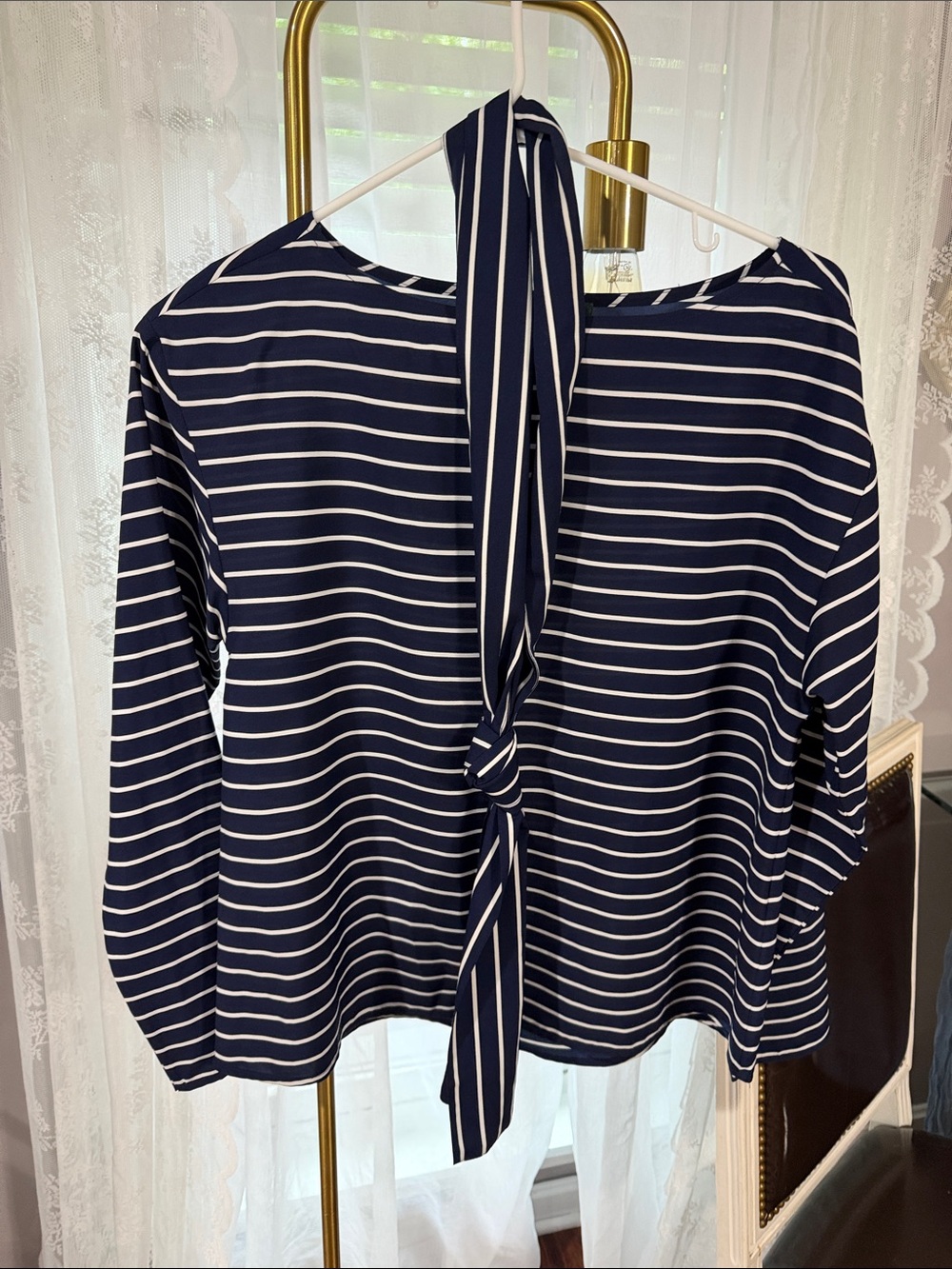 Lauren Ralph Lauren Navy and White Striped Tie-Back Long Sleeve Top